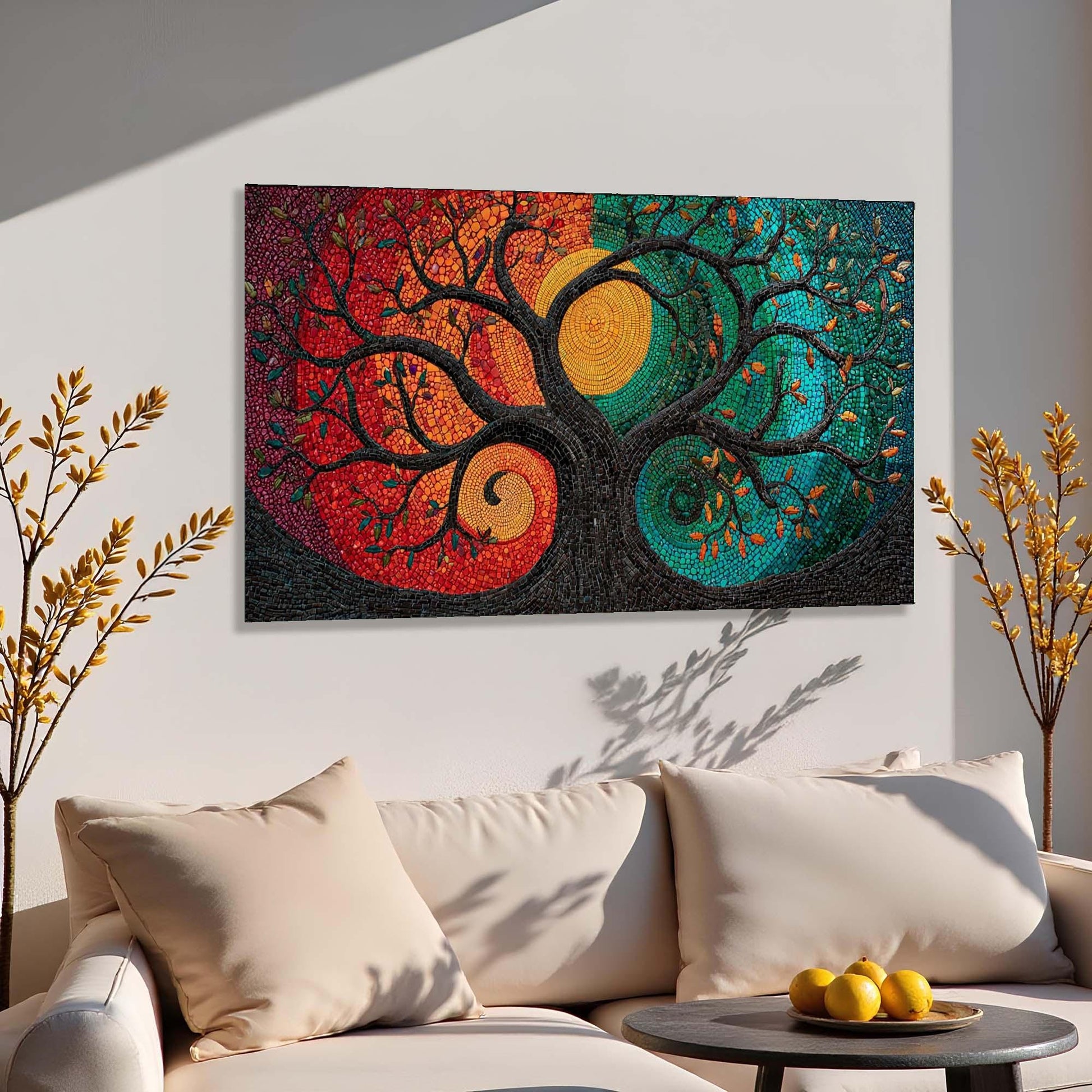 Colorful abstract tree of life painting on a wall above a sofa.