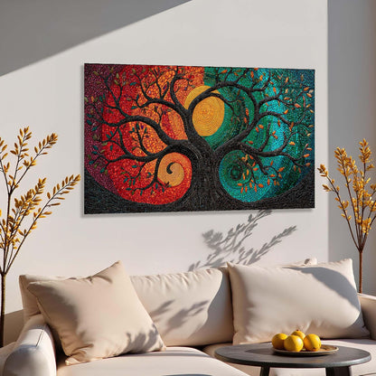 Colorful abstract tree of life painting on a wall above a sofa.