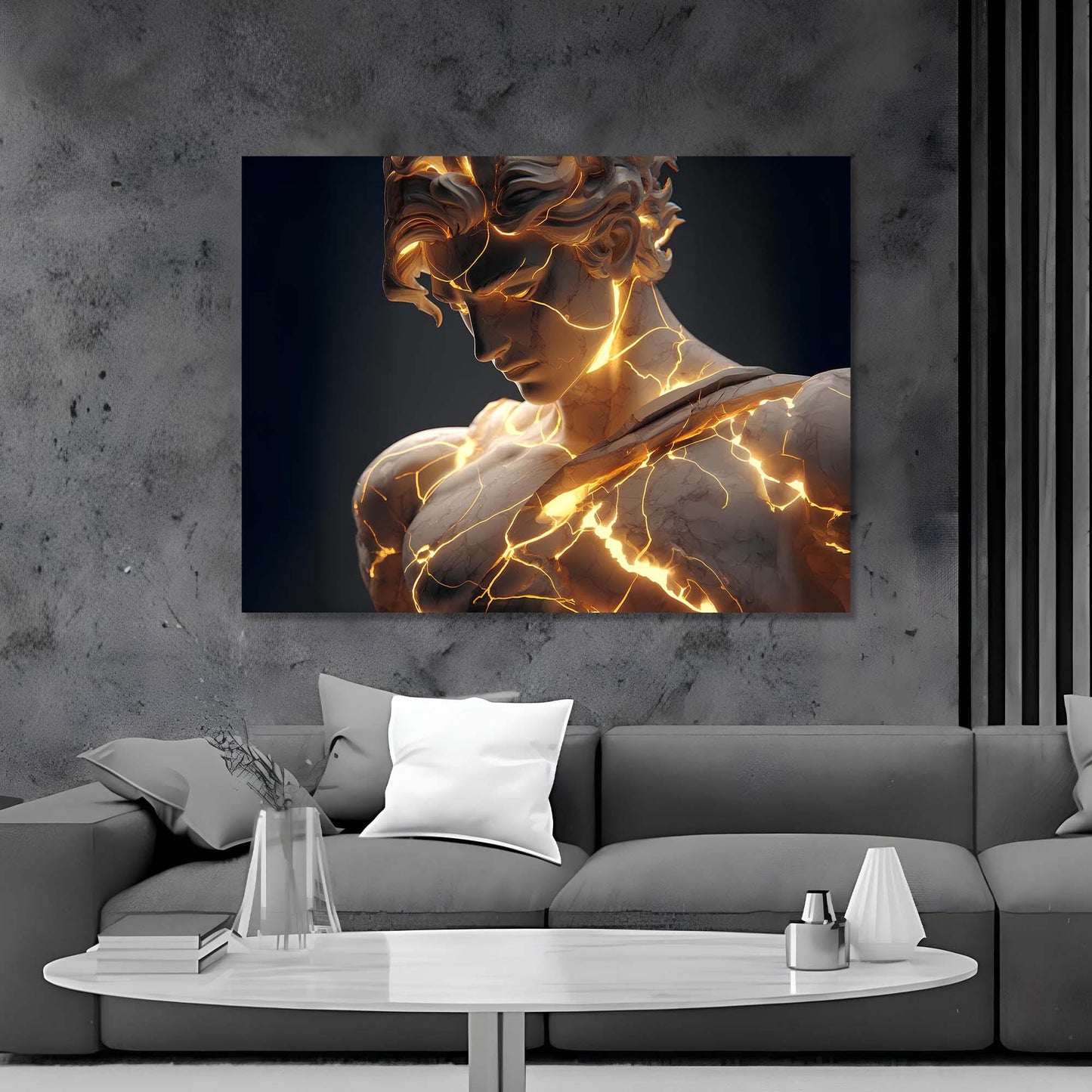 Modern living room with a gray sofa and a large abstract painting of a woman's face with lightning effects on the wall.