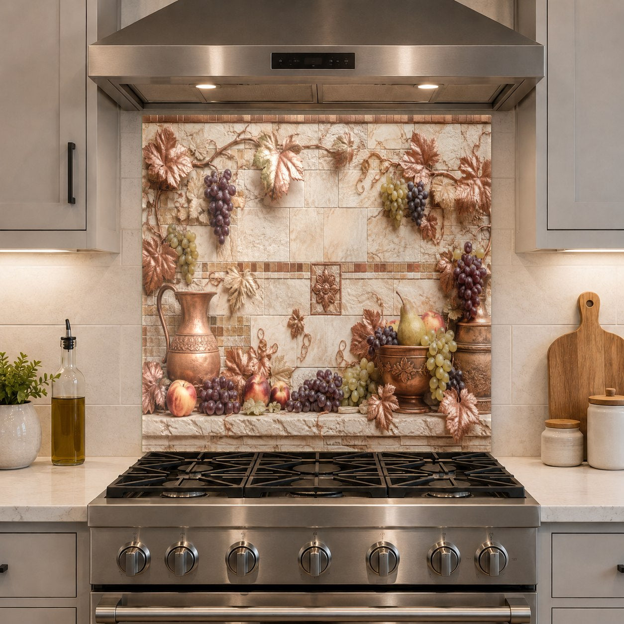 Modern farmhouse kitchen with a Tuscan Copper glass backsplash panel beautifully matching wooden countertops.