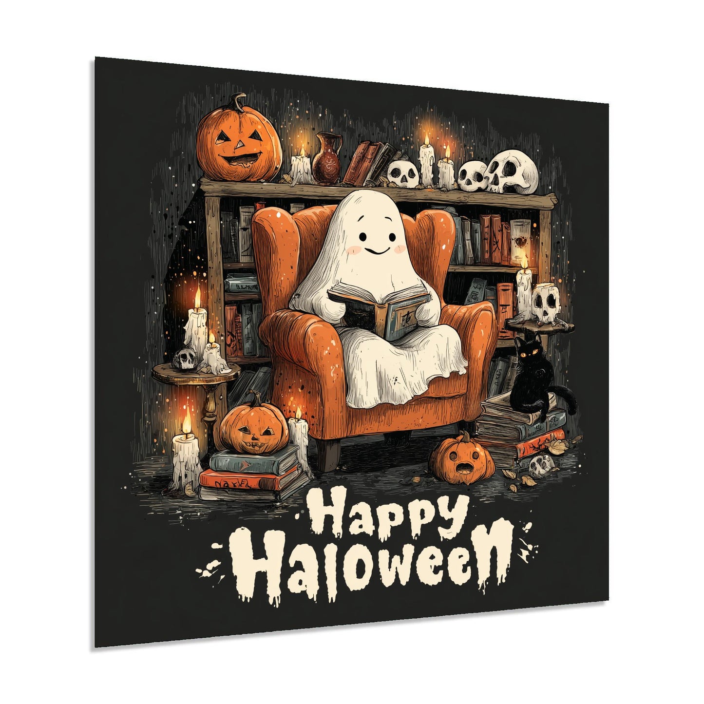 Halloween-themed artwork with a ghost reading a book in an armchair, surrounded by pumpkins and candles.