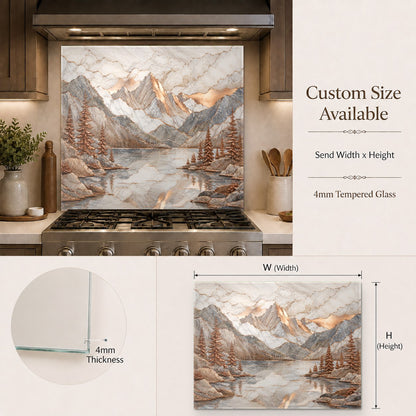 Modern kitchen island bar area styled with a stunning copper mountain lake tempered glass backsplash panel.