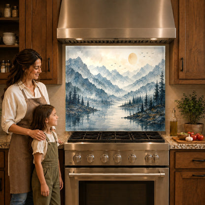 Serene foggy lake design kitchen backsplash panel mounted behind a sleek induction stove.