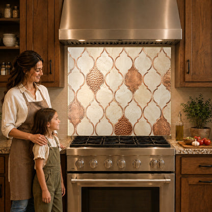 Close-up of heat-resistant copper geometric glass backsplash panel protecting the wall behind an induction cooktop.