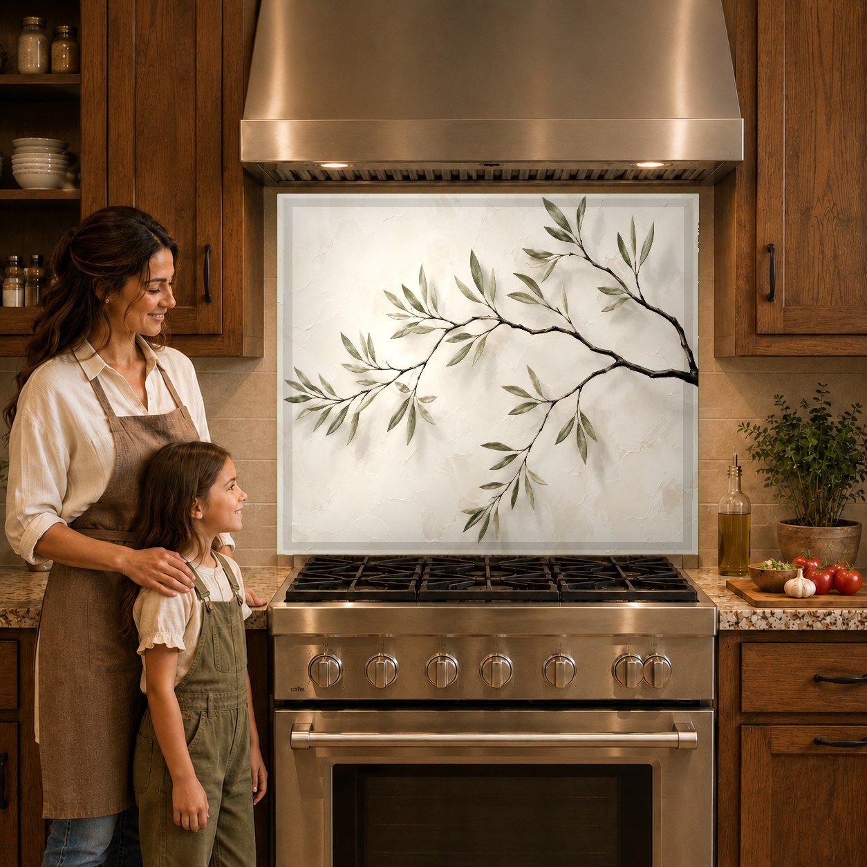 Nature themed kitchen glass backsplash panel placed behind a modern cooktop