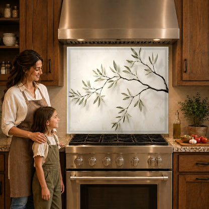 Nature themed kitchen glass backsplash panel placed behind a modern cooktop