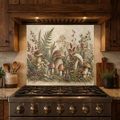 Custom-fit mushroom and fern pattern glass backsplash protecting walls from cooking grease splashes.