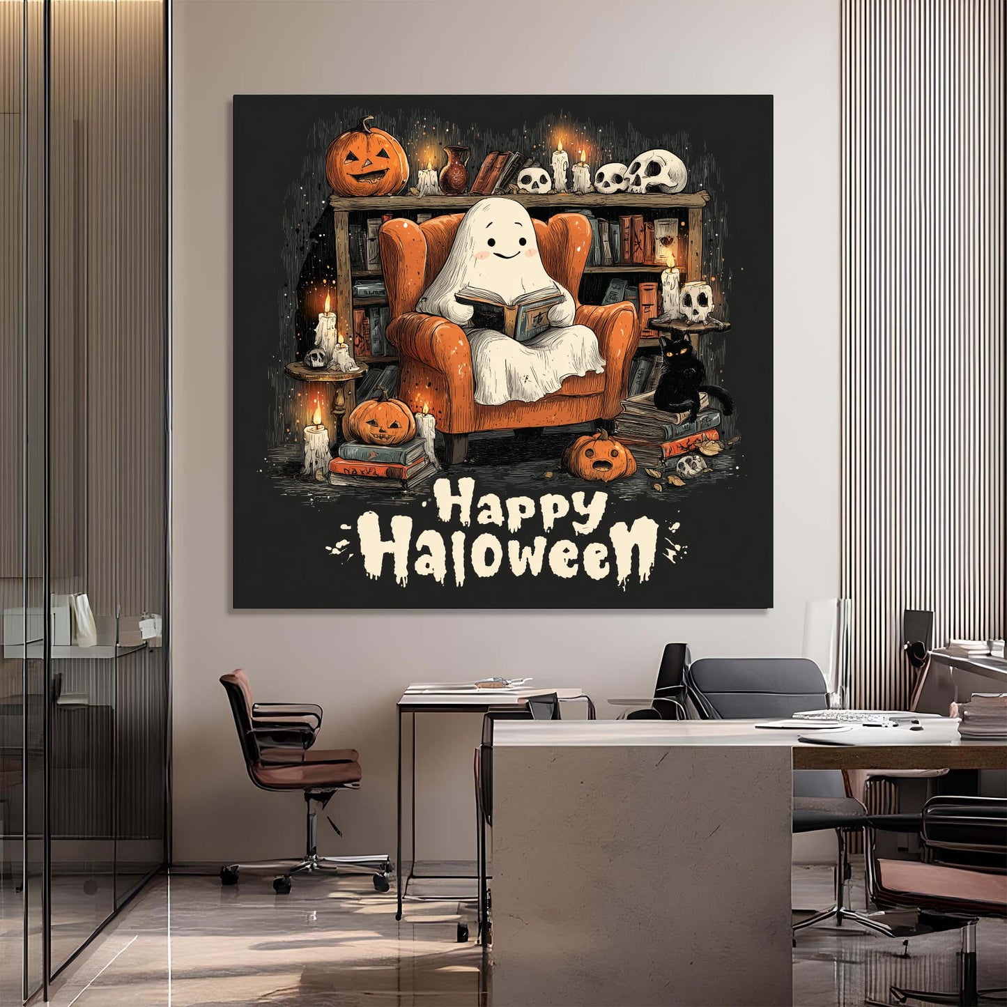 Halloween-themed wall art with a ghost reading a book in an office setting.