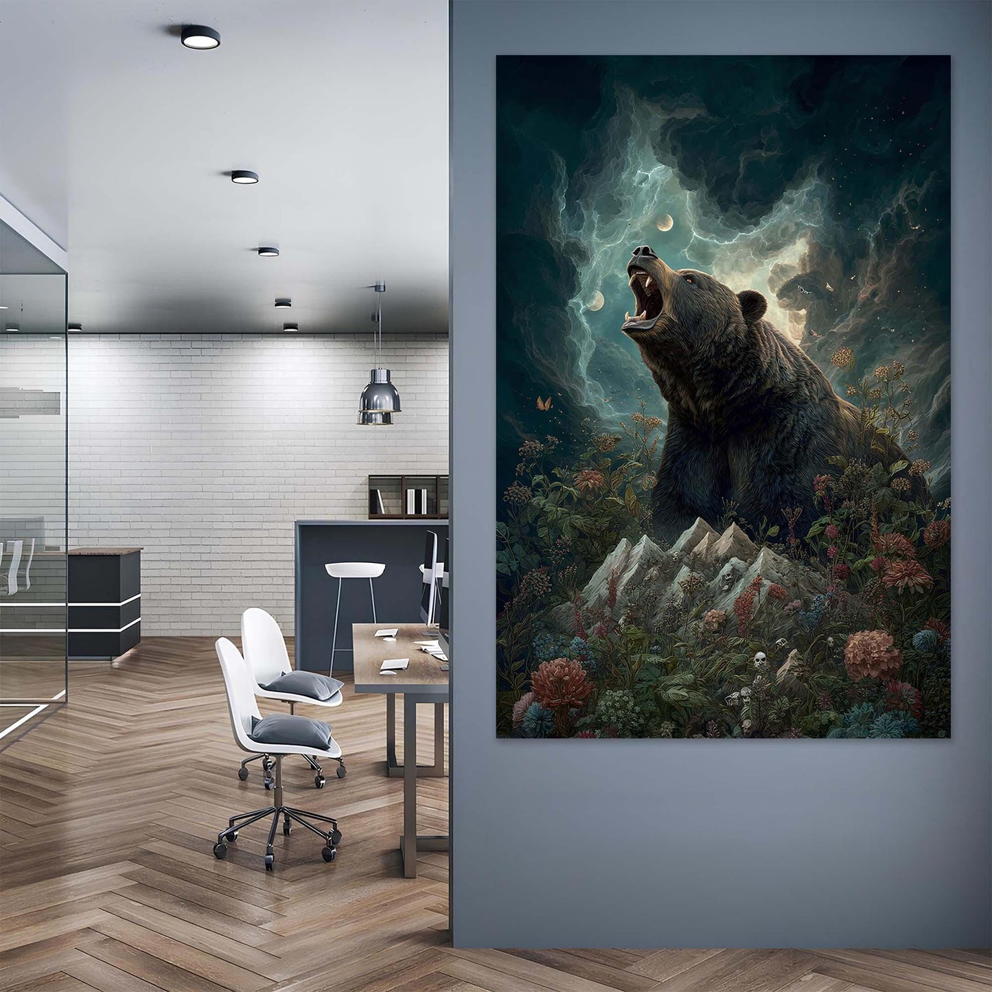 Modern office interior with a large painting of a bear on a mountain.