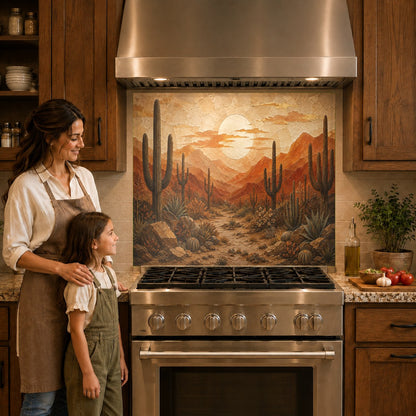 A vibrant orange desert sunset glass backsplash panel behind an induction cooktop on a clean white countertop.