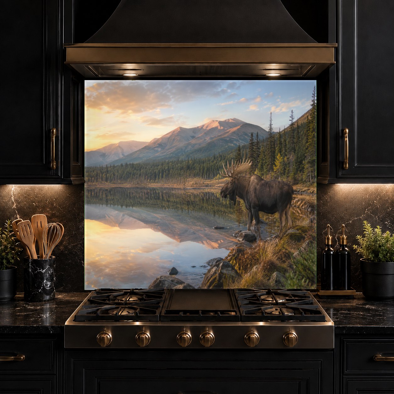 Beautiful cabin-style kitchen design showcasing a Lake Elk glass backsplash behind the main sink.