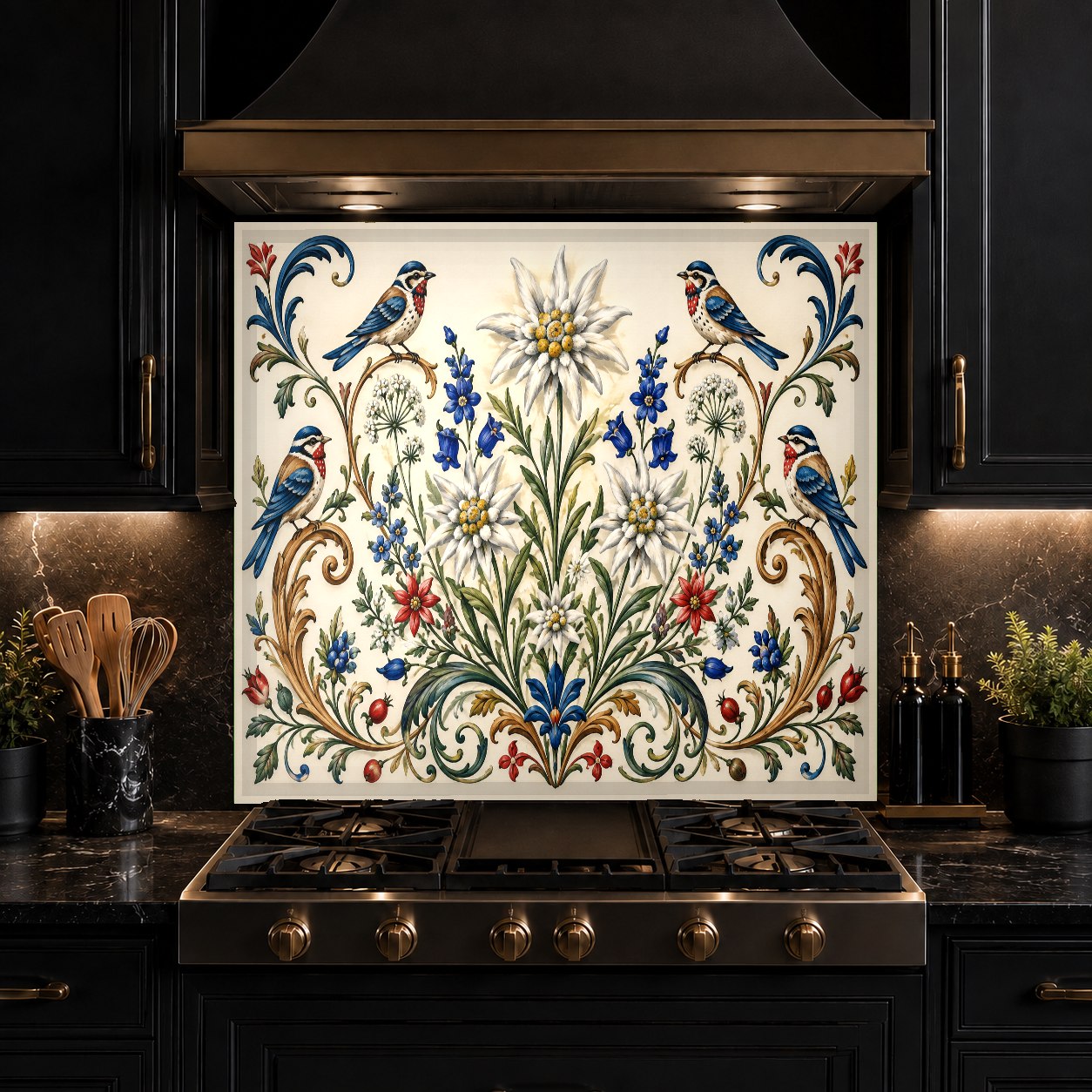 Full kitchen view showing custom floral glass backsplash panel behind the main cooking range