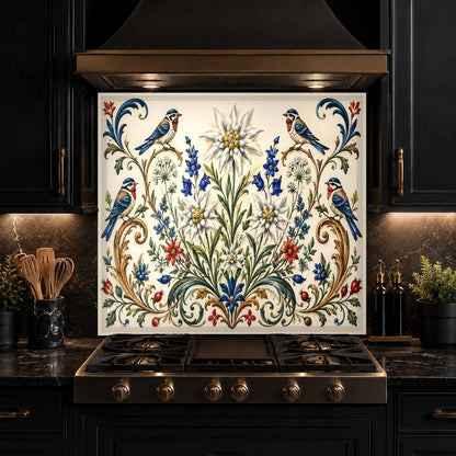 Full kitchen view showing custom floral glass backsplash panel behind the main cooking range