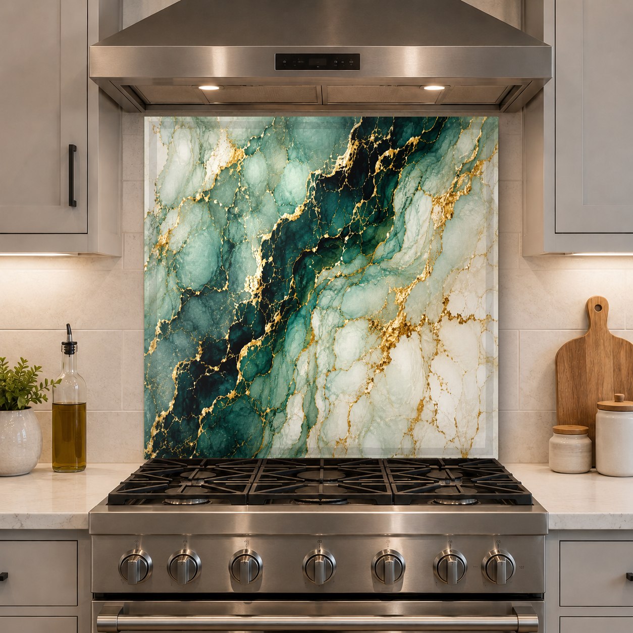 High-gloss green and gold marble glass panel installed as a kitchen island backsplash accent.