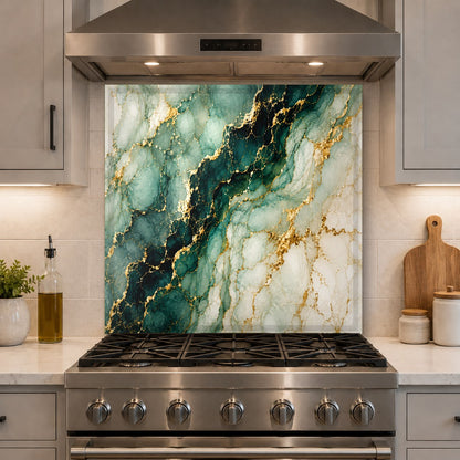High-gloss green and gold marble glass panel installed as a kitchen island backsplash accent.