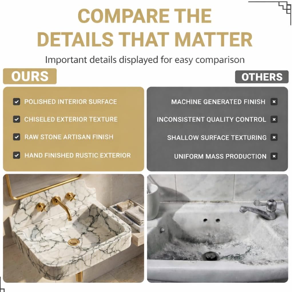 Comparison chart of a polished stone sink with text highlighting features and quality differences.