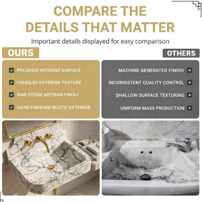 Comparison chart of a polished stone sink with text highlighting features and quality differences.