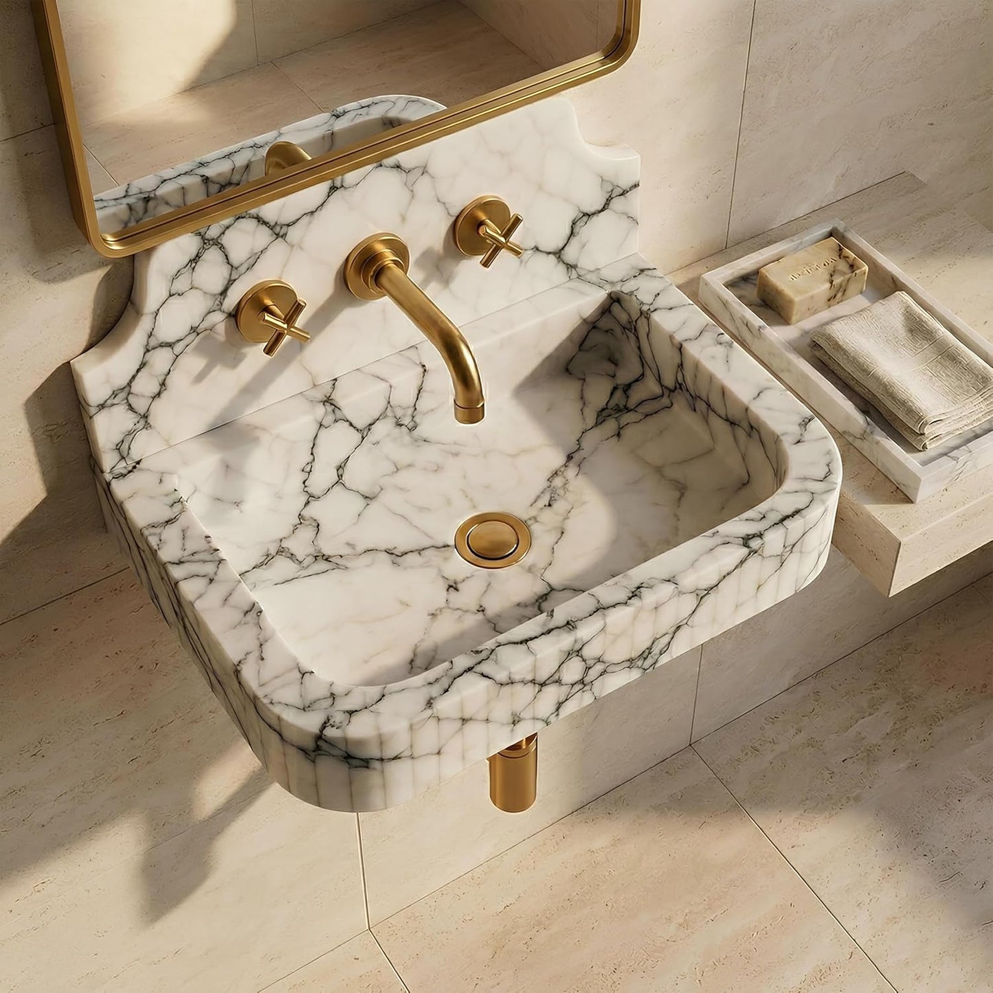 Marble sink with gold fixtures in a bathroom setting