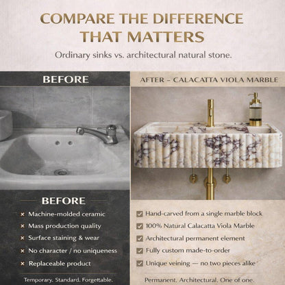 Before and after comparison of a sink made from Calacatta Viola marble.