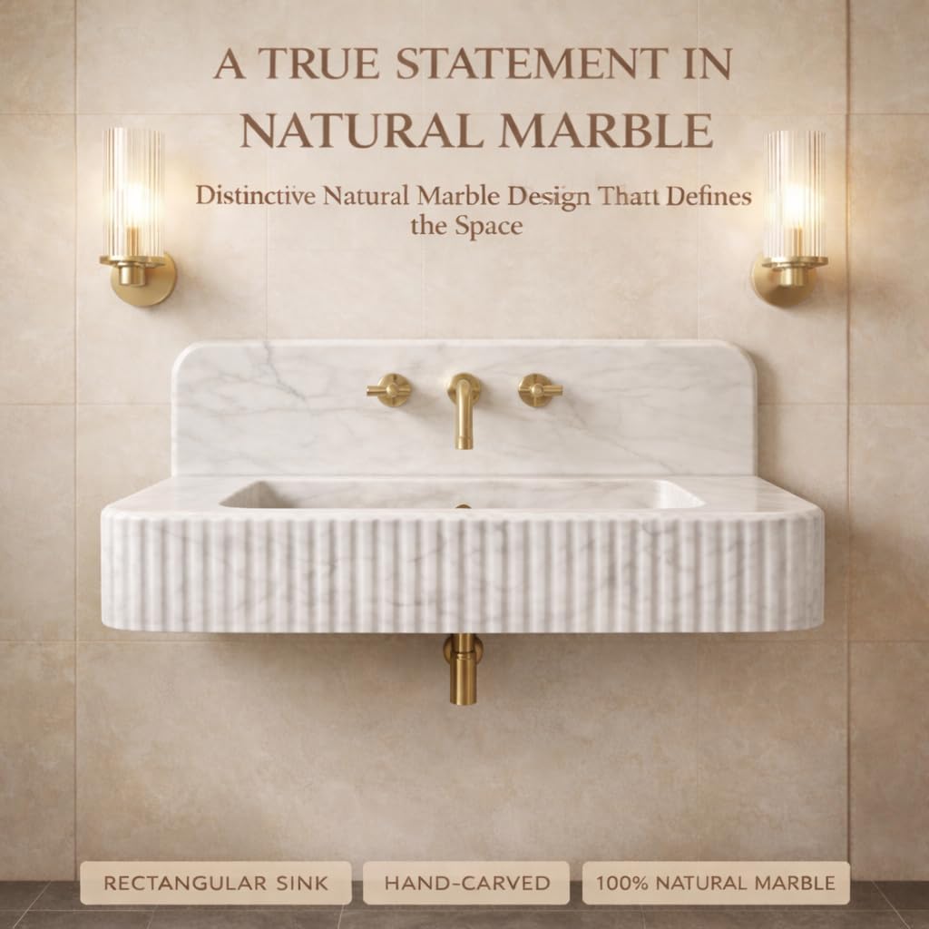 Marble sink with gold fixtures in a bathroom setting, featuring text about natural marble.