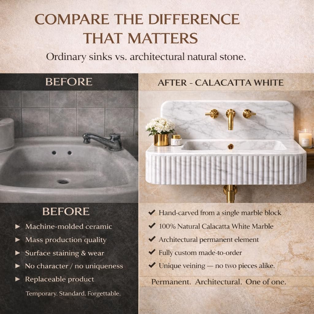 Comparison of ordinary sink vs. architectural natural stone Calacatta White sink with text highlighting differences.