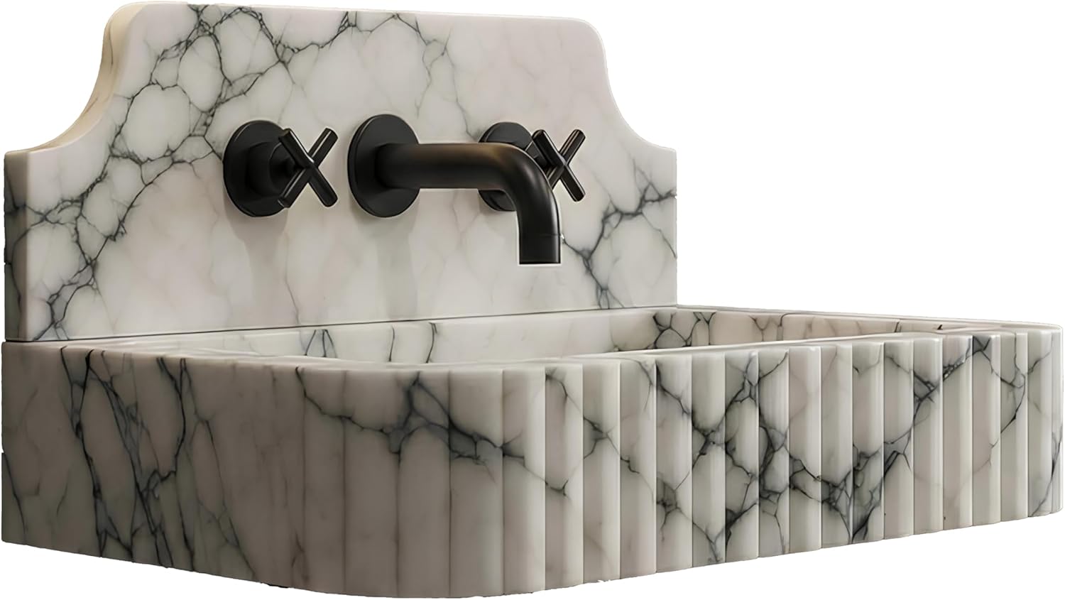 Marble-patterned sink with black faucet on a white background