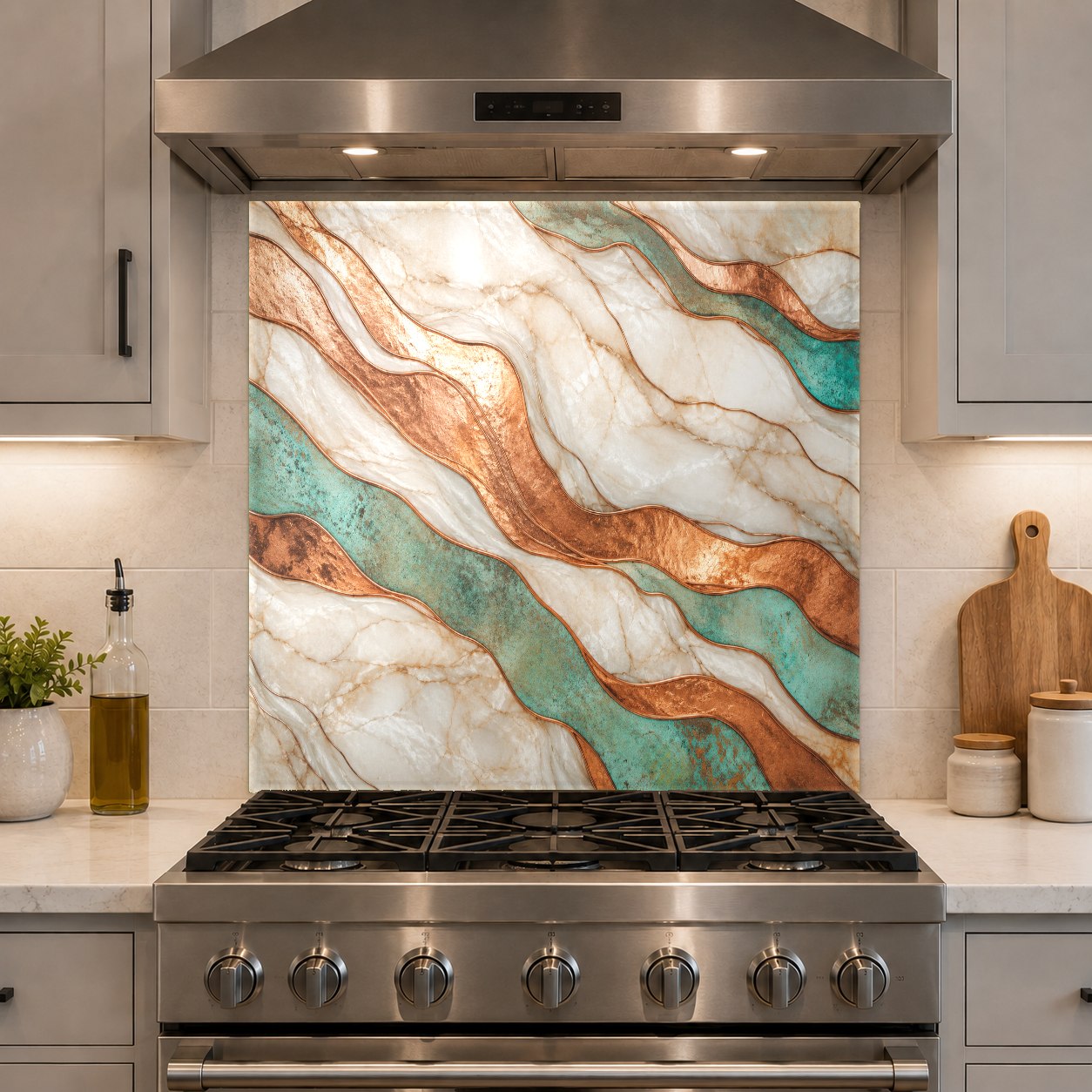Durable copper patina tempered glass backsplash installed behind a stove in a luxury kitchen remodel.