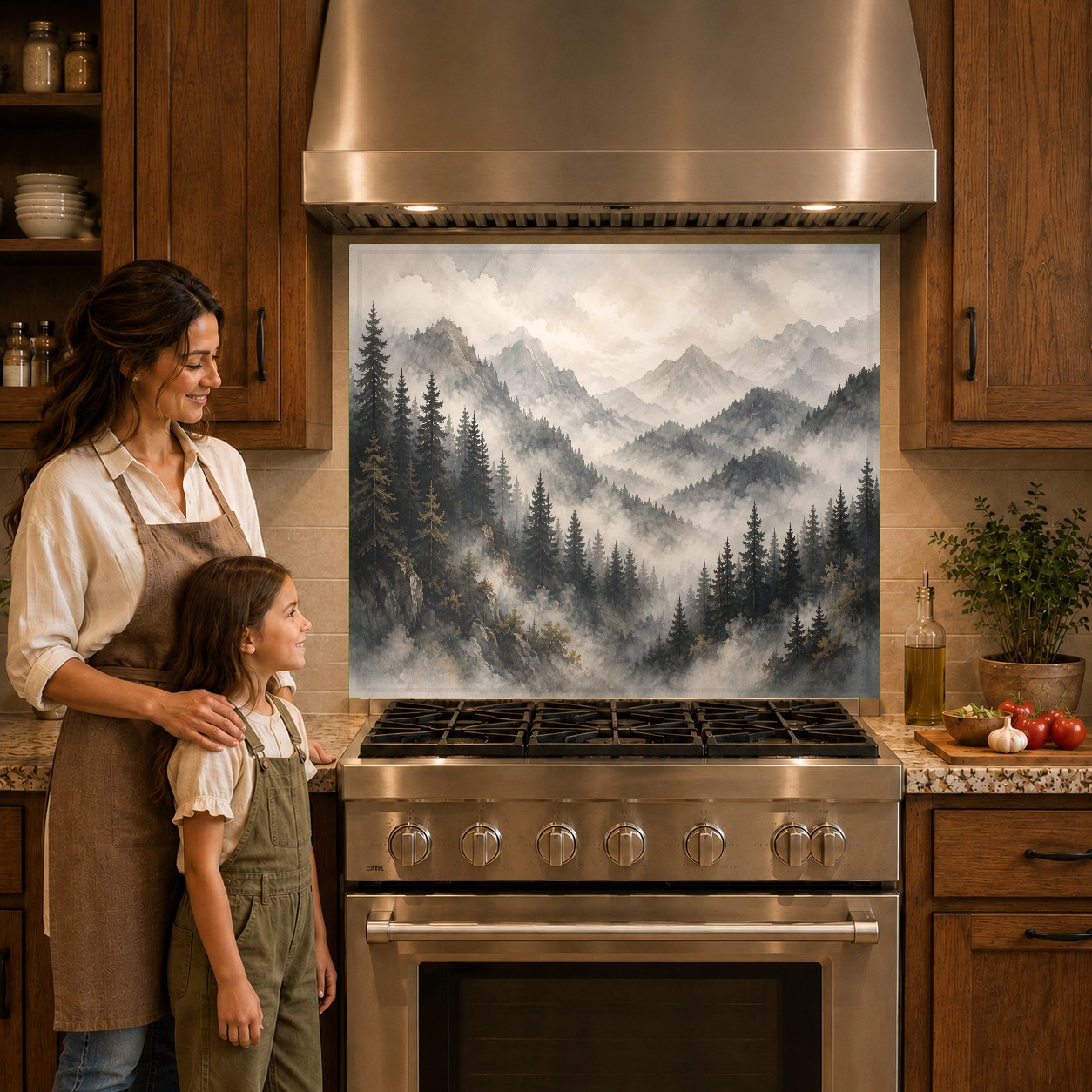 Misty woodland kitchen backsplash panel protecting the wall behind an induction cooktop.
