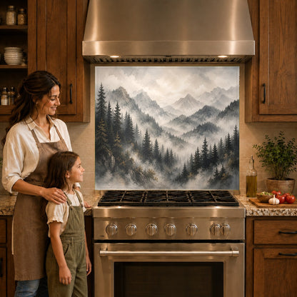Misty woodland kitchen backsplash panel protecting the wall behind an induction cooktop.