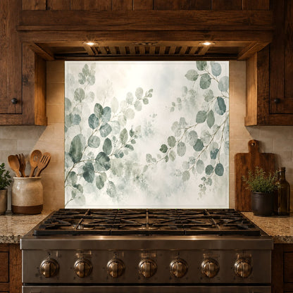 Minimalist kitchen bar area styled with a serene eucalyptus leaves tempered glass backsplash.