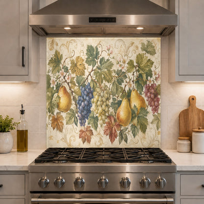 Heat-resistant glass panel with a vibrant fruit print protecting the wall behind a stove cooktop.
