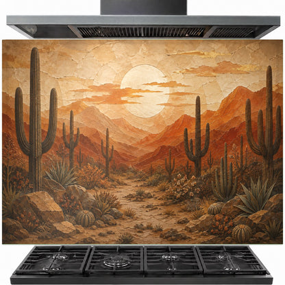 Desert sunset tempered glass backsplash panel installed behind a modern gas stove in a rustic kitchen.
