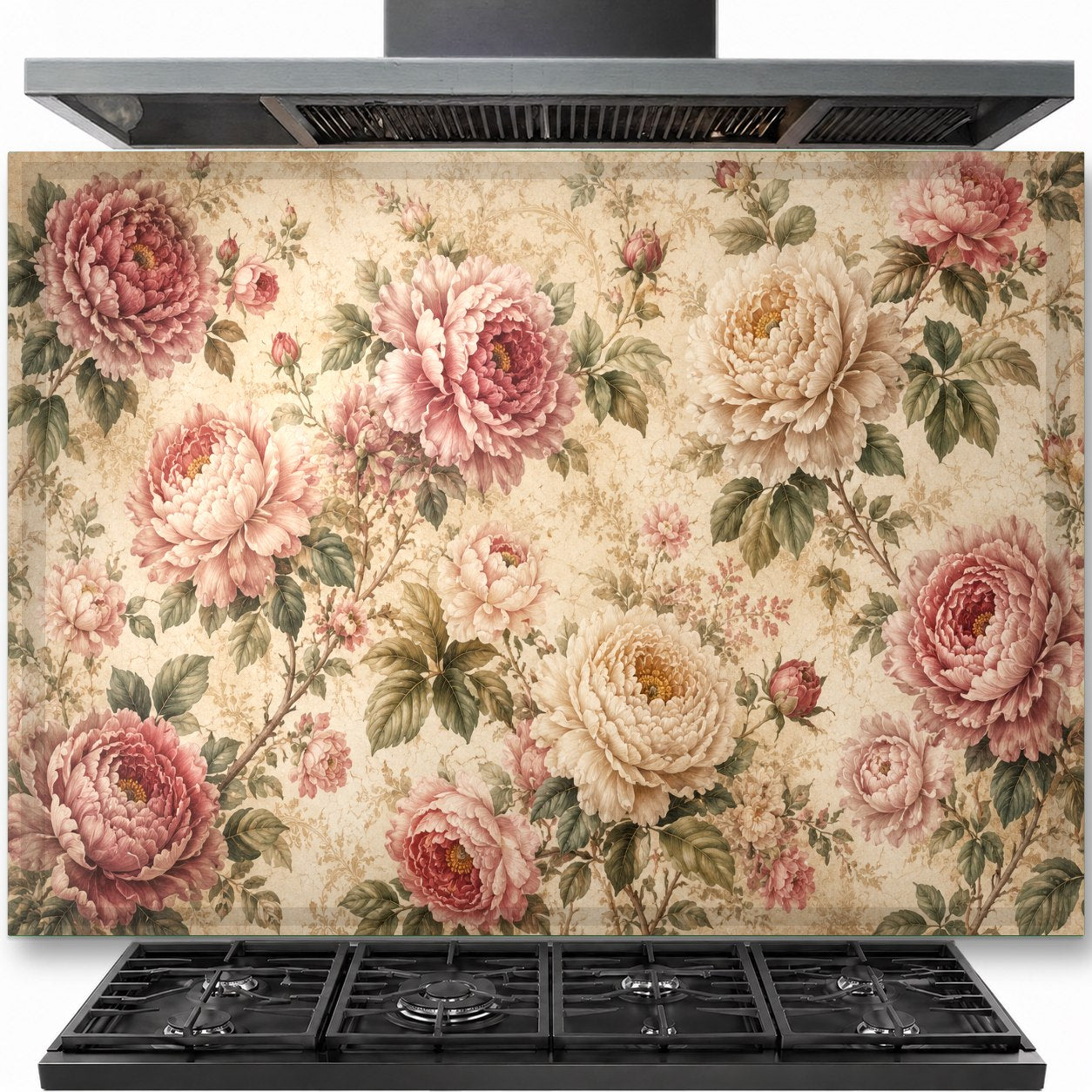 Vintage Roses tempered glass backsplash installed behind a modern gas stove in a white farmhouse kitchen.