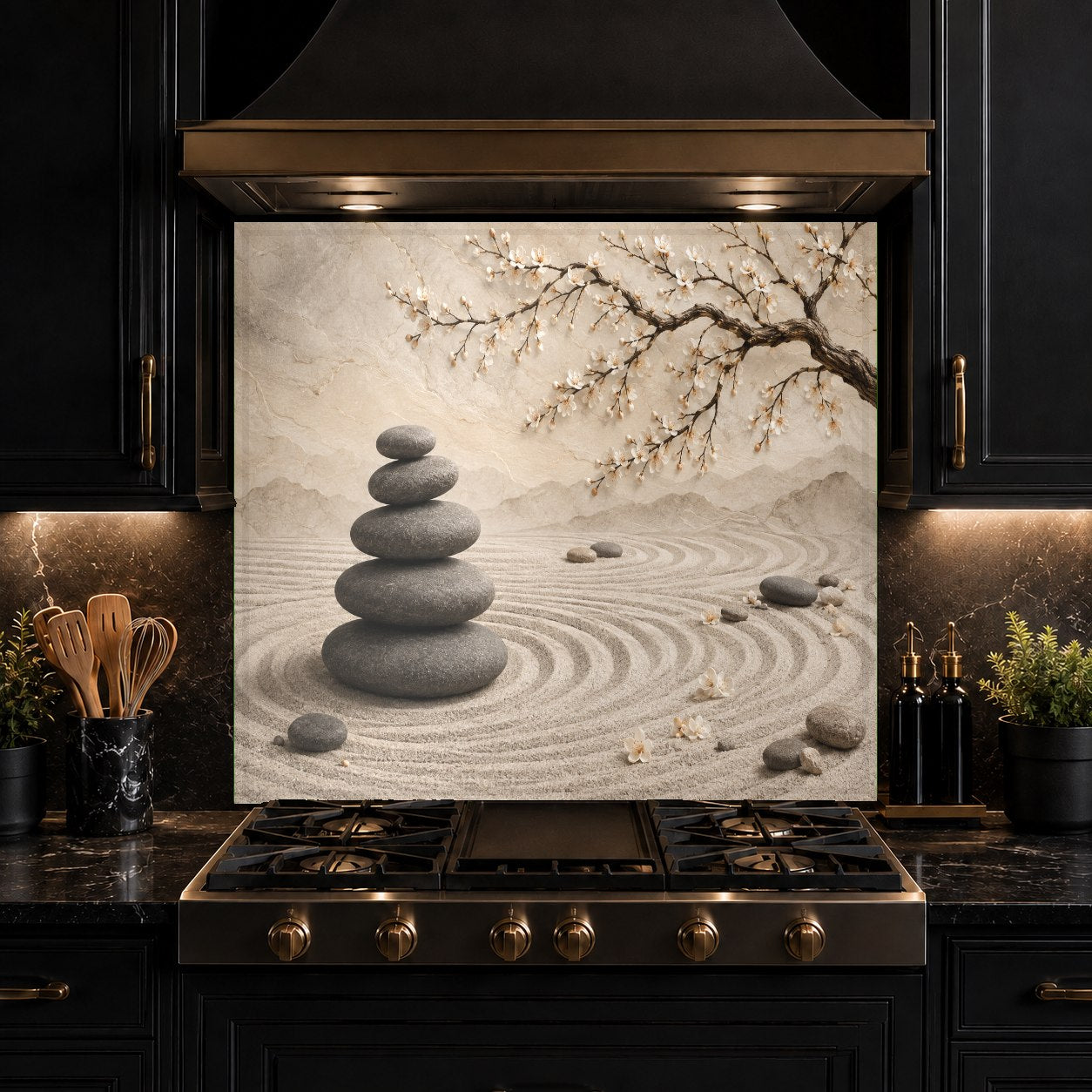 Minimalist floral kitchen backsplash panel installed behind a contemporary kitchen island sink.
