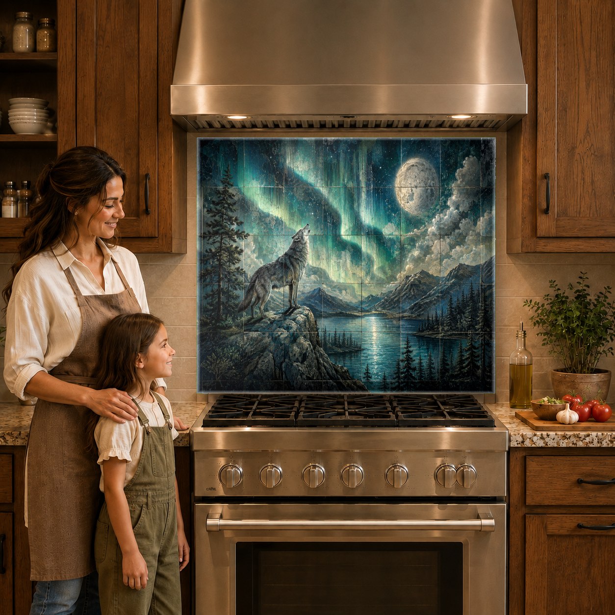 Wildlife themed glass kitchen panel protecting the wall above a ceramic cooktop