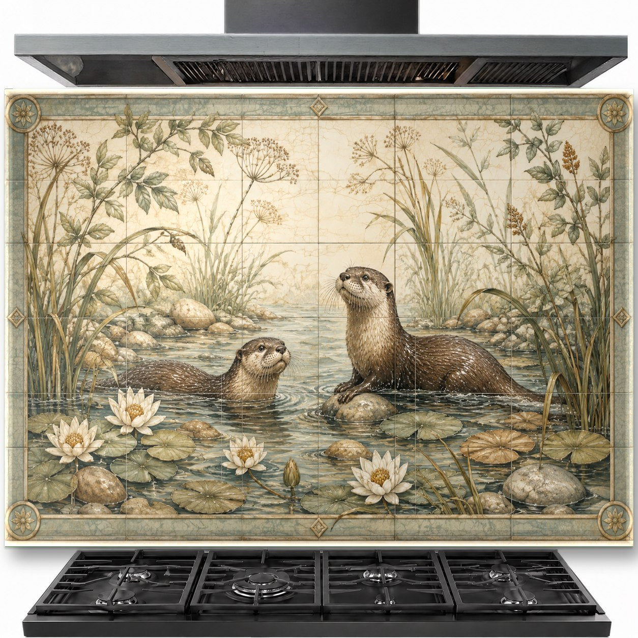 Wild life tempered glass backsplash installed behind a professional gas range stove in a rustic cabin kitchen.