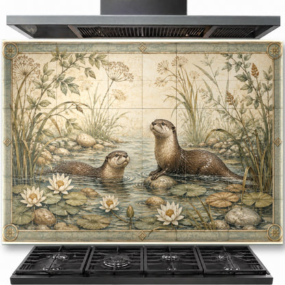 Wild life tempered glass backsplash installed behind a professional gas range stove in a rustic cabin kitchen.