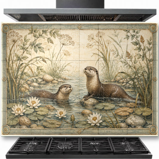 Wild life tempered glass backsplash installed behind a professional gas range stove in a rustic cabin kitchen.