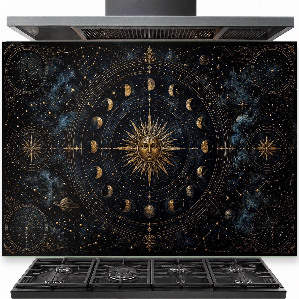 Cosmic Atlas tempered glass backsplash installed behind a modern kitchen stove