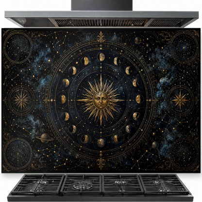 Cosmic Atlas tempered glass backsplash installed behind a modern kitchen stove