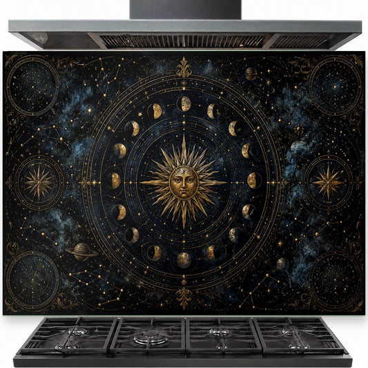 Cosmic Atlas tempered glass backsplash installed behind a modern kitchen stove