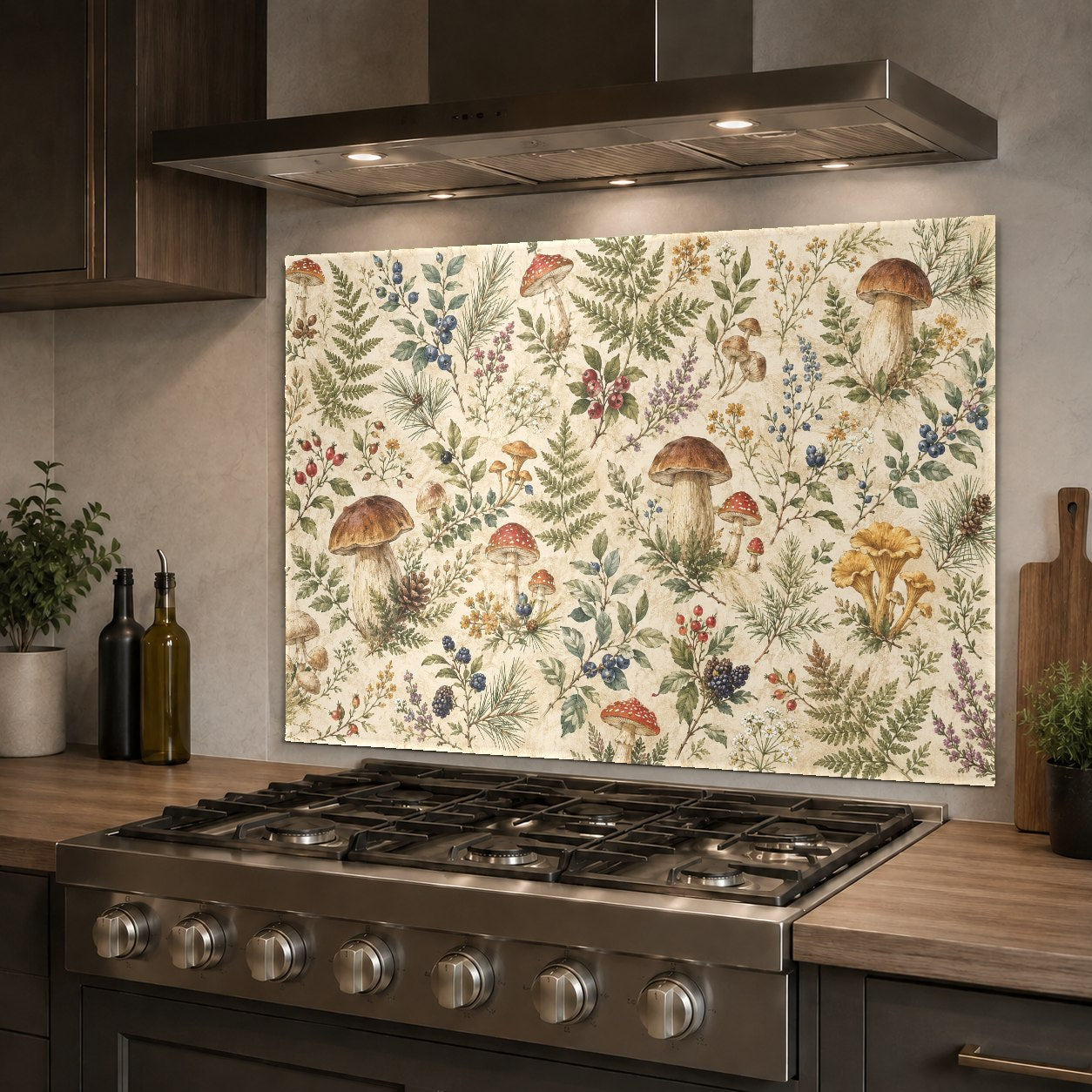 Elegant green botanical glass panel serving as a hygienic, easy-to-clean backsplash behind a deep kitchen sink.