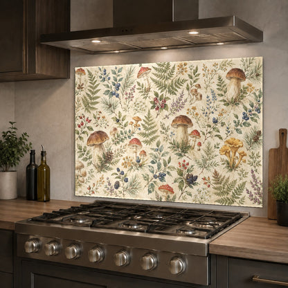 Elegant green botanical glass panel serving as a hygienic, easy-to-clean backsplash behind a deep kitchen sink.