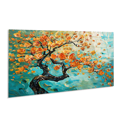 Colorful abstract painting of a tree with orange flowers on a blue background