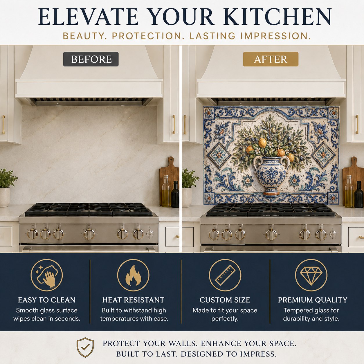 Vibrant tile look kitchen glass backsplash on a main stove wall