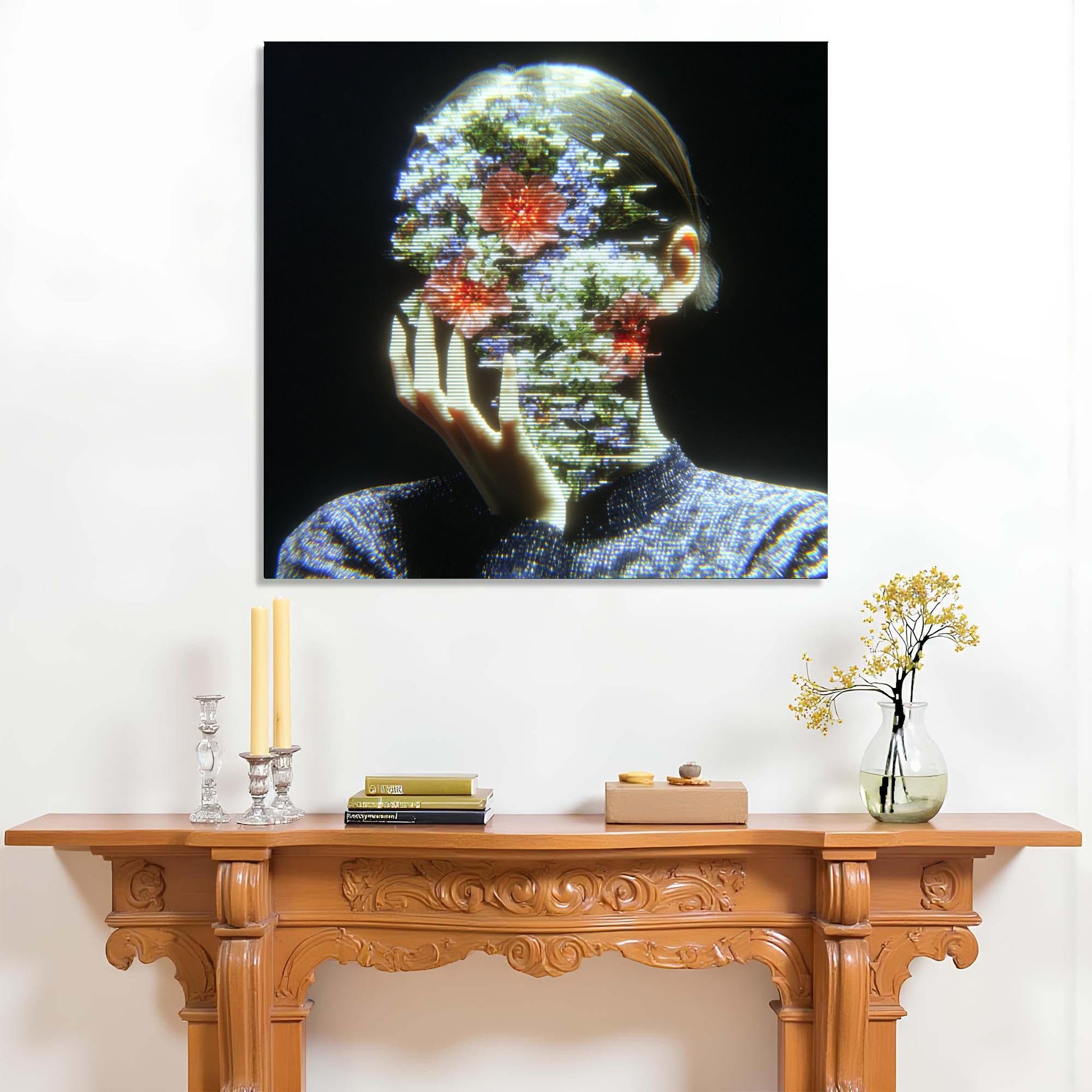 Abstract artwork of a person with floral elements displayed above a wooden mantelpiece.