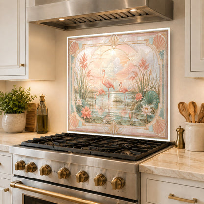 Colorful pink flamingos glass wall panel installed in a contemporary kitchen