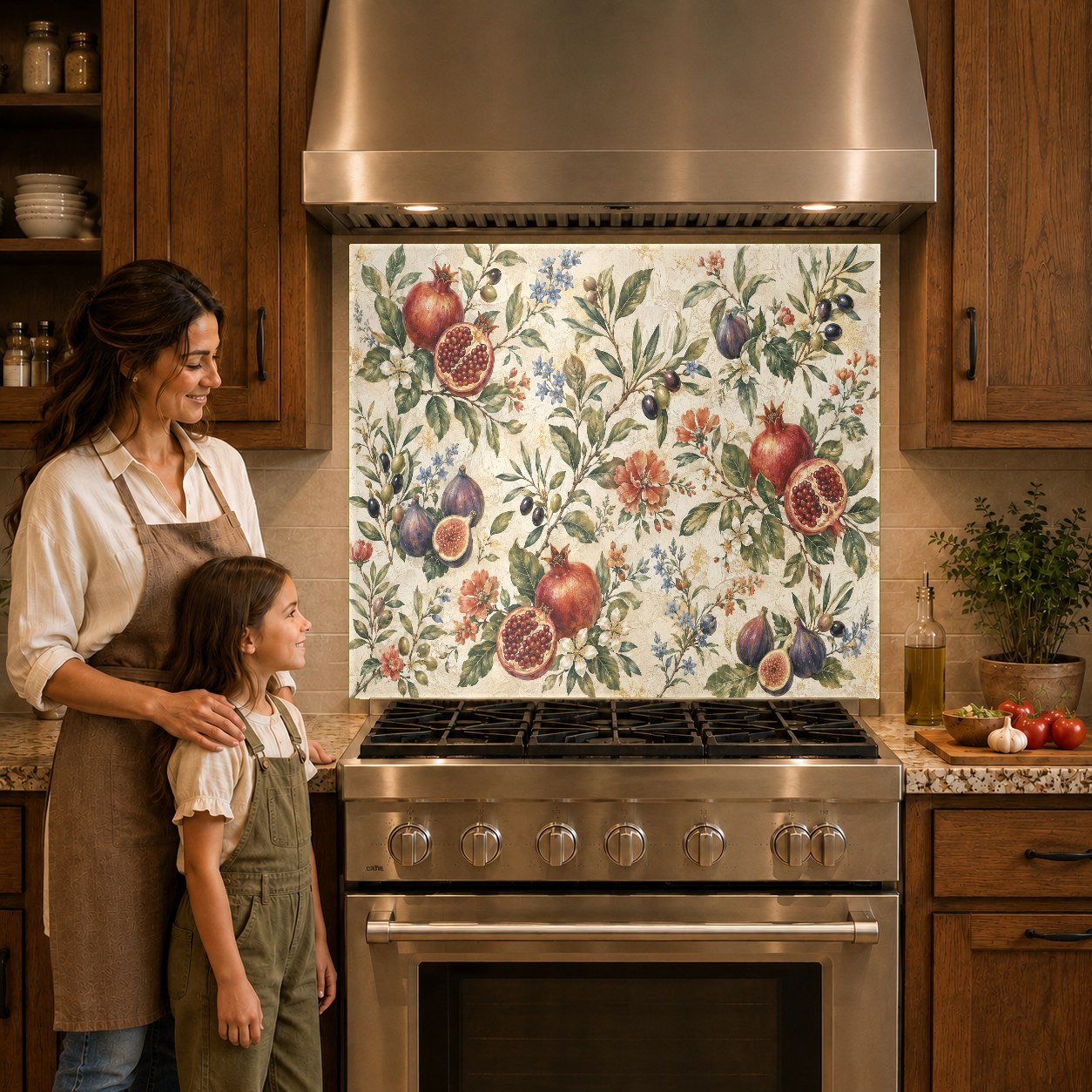 Vibrant red pomegranate kitchen glass panel mounted on the wall behind a sleek induction cooktop.
