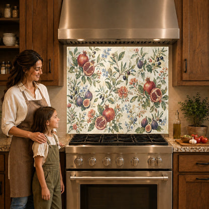 Vibrant red pomegranate kitchen glass panel mounted on the wall behind a sleek induction cooktop.