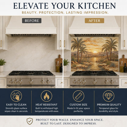 Stunning gold and amber Deco Sunrise kitchen backsplash panel mounted behind a stainless steel sink.